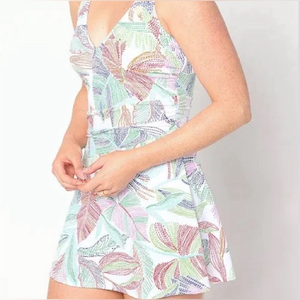 New Denim & Co. Beach Regular V-Neck Ruched Waist Swim Dress Multi size 14